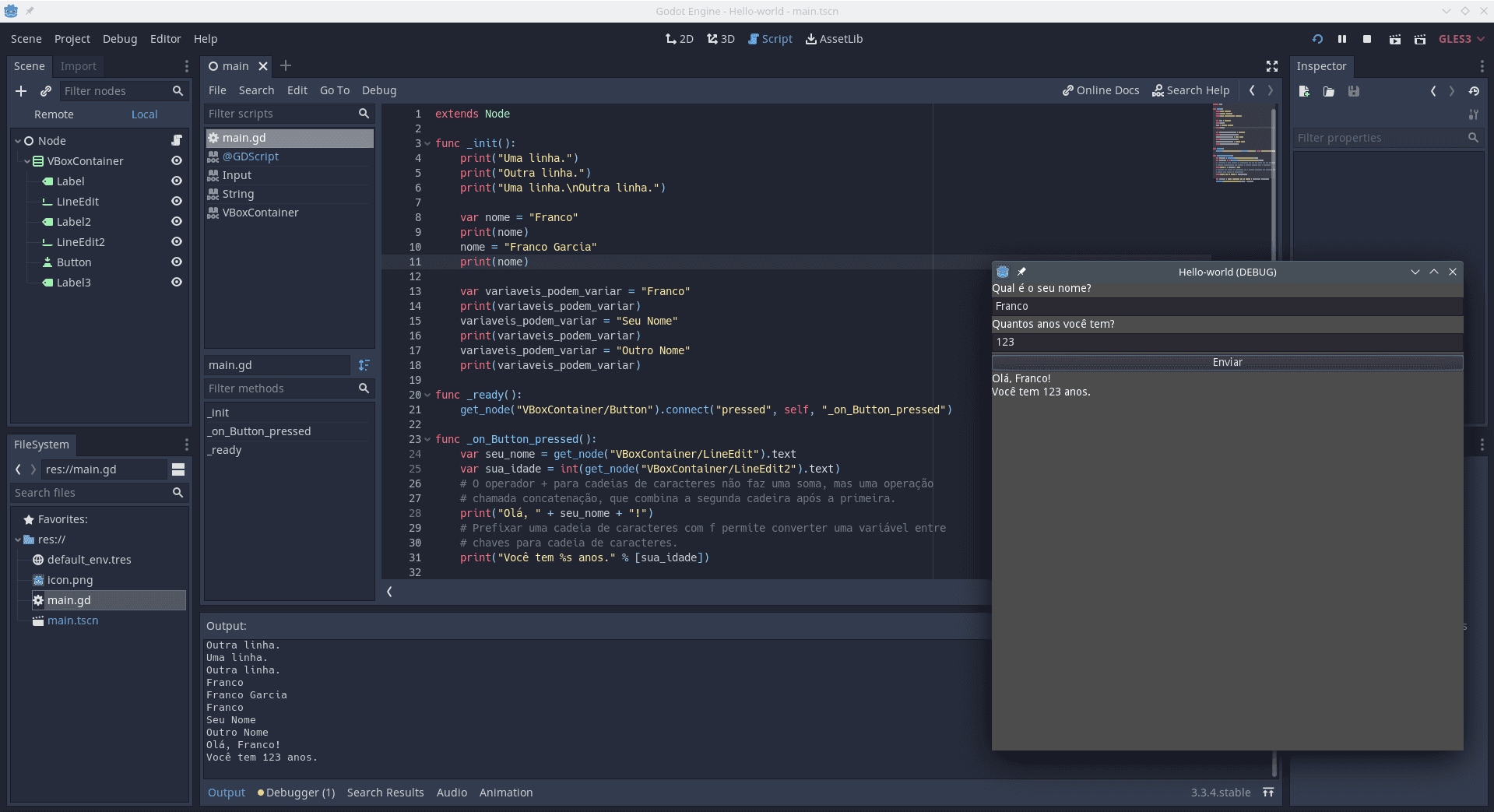 Examples of GDScript code snippets presented in the page running on Godot Engine.