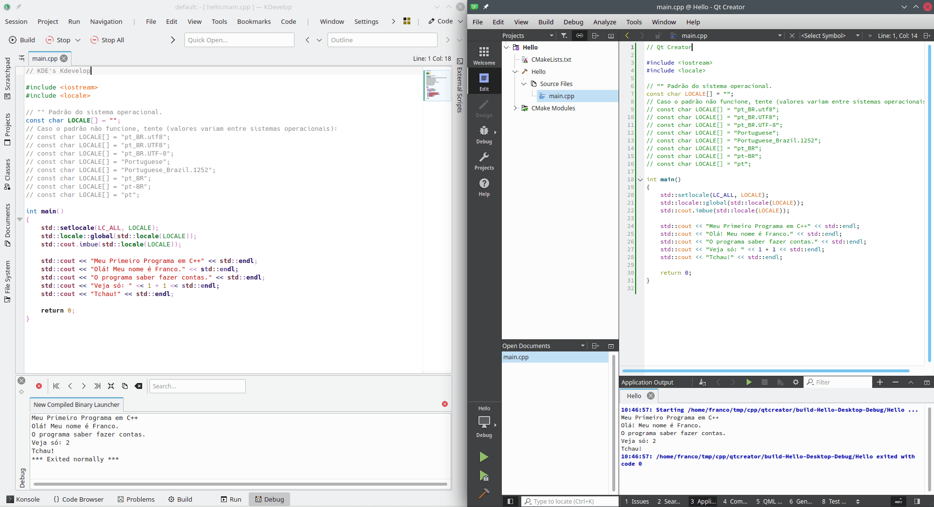 Examples of programming in C++. In the left part of the image, a program written in C++ being compiled and run by KDevelop. In the right part of the image, the same program after Qt Creator compiled and ran it.