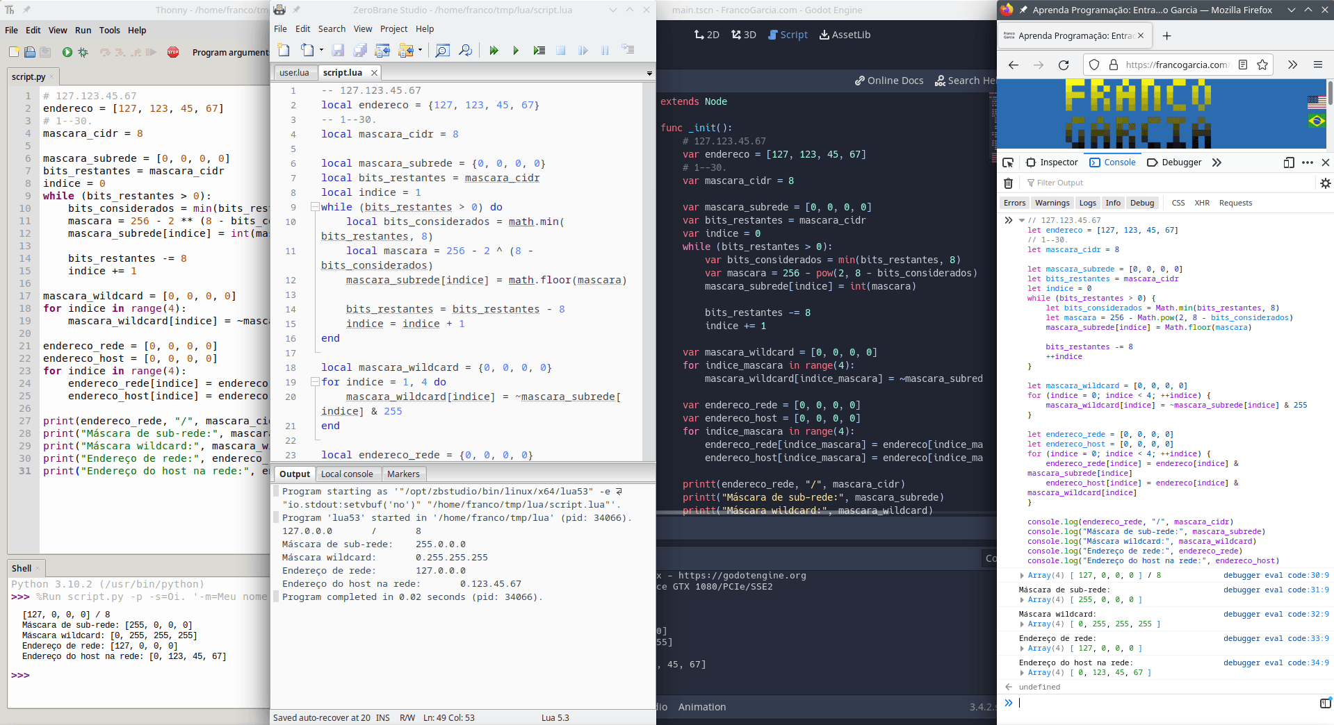 Exemplos de uso de operações bit-a-bit em quatro linguagens de programação: Python, Lua, GDScript e JavaScript.