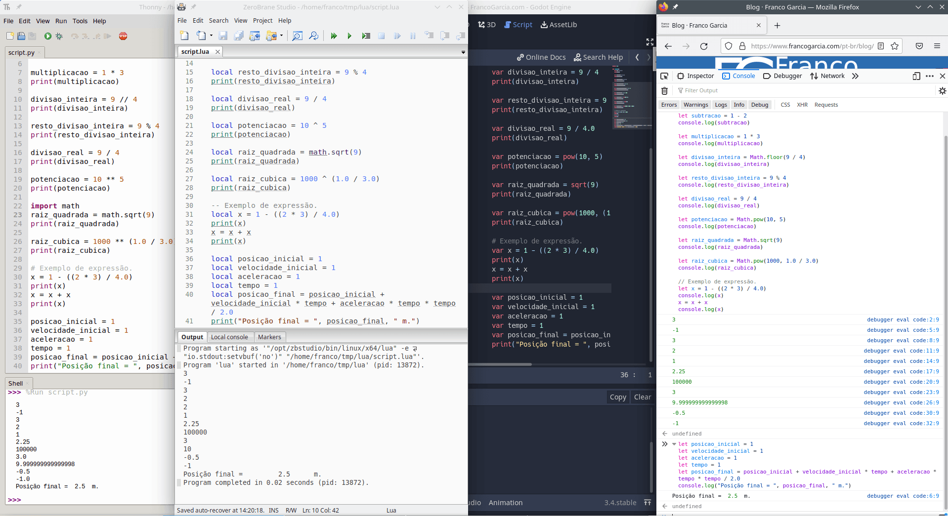 Exemplos de trechos de código em Python, Lua, GDScript e JavaScript com operações Matemáticas apresentados na página.