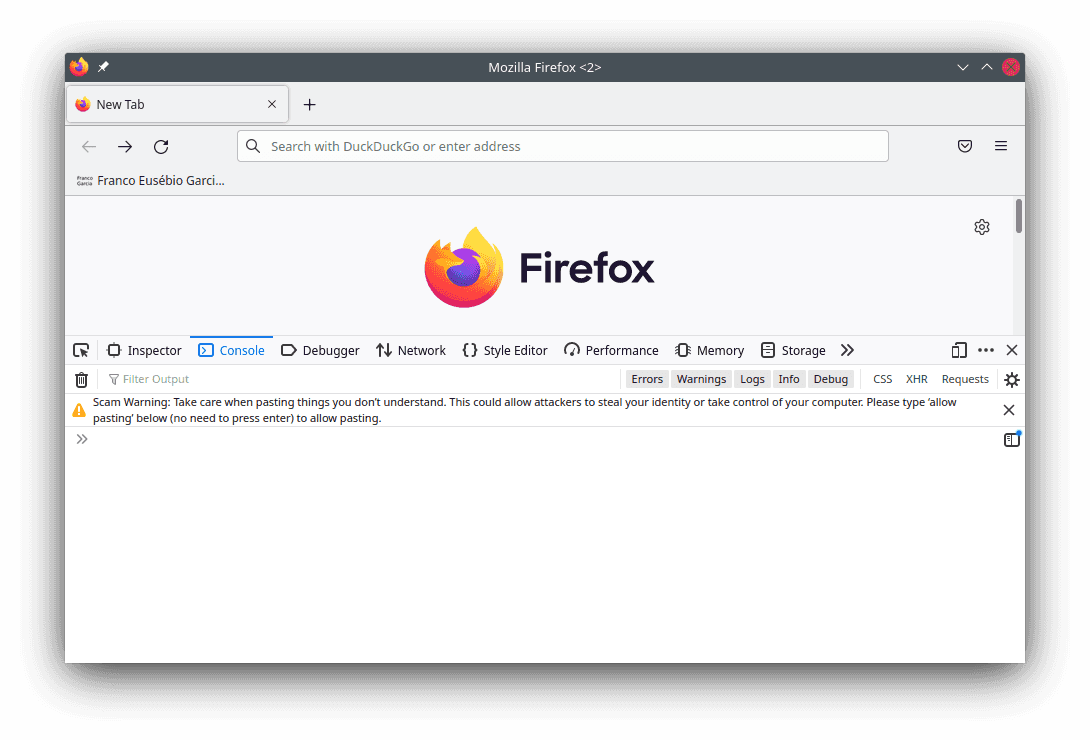 Aviso sobre riscos cuidados ao colar código exibido pelo navegador Mozilla Firefox.