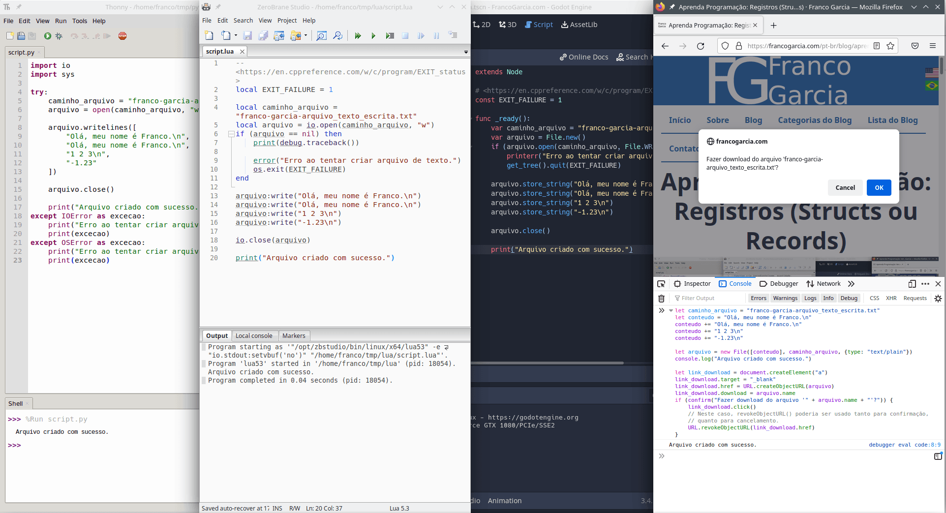 Exemplos de criação de um arquivo texto em quatro linguagens de programação: Python, Lua, GDScript e JavaScript.