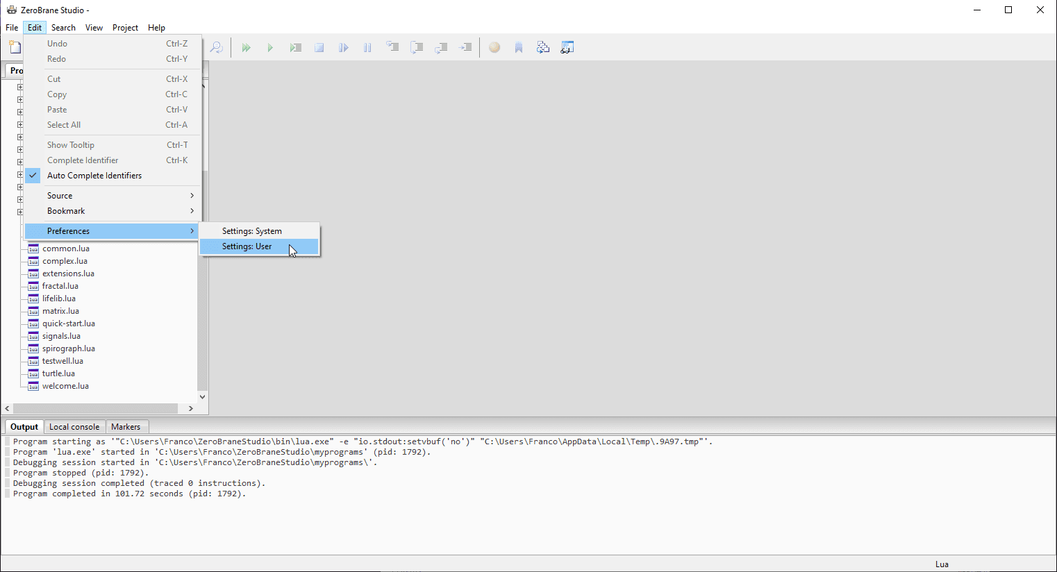 To access the settings in `ZeroBrane Studio`: choose the option `Edit`, browse the options down to `Preferences` and choose `Settings: User`.