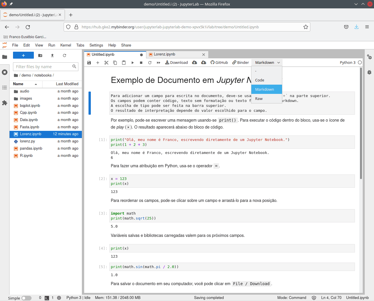 An example of using Jupyter using `JupyterLab`, with Portuguese instructions and content creation.