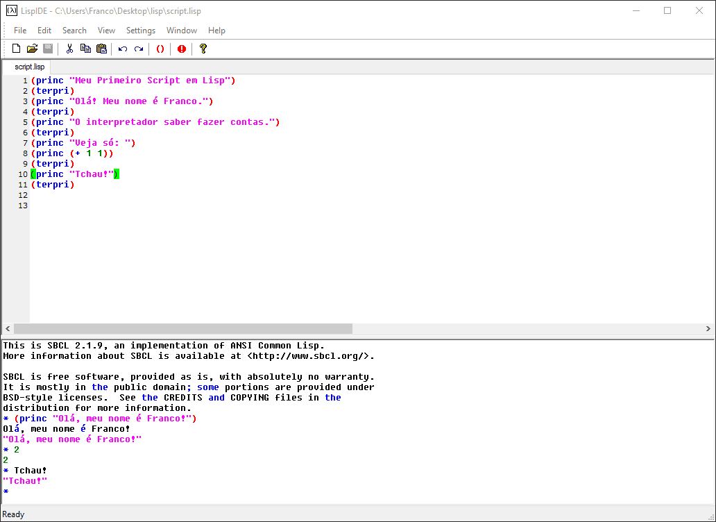Example of using `LispIDE` to program in LISP.