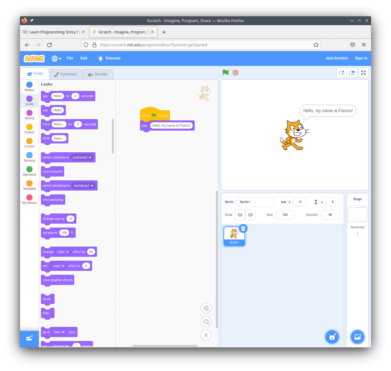 Example of visual programming in Scratch in a English page.