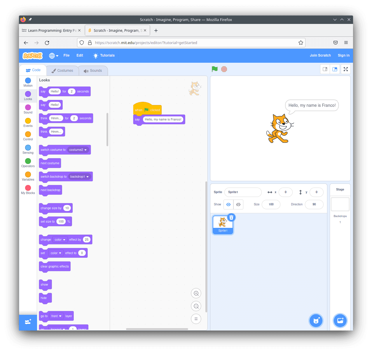 Exemplo de programação visual em Scratch em página em Inglês.