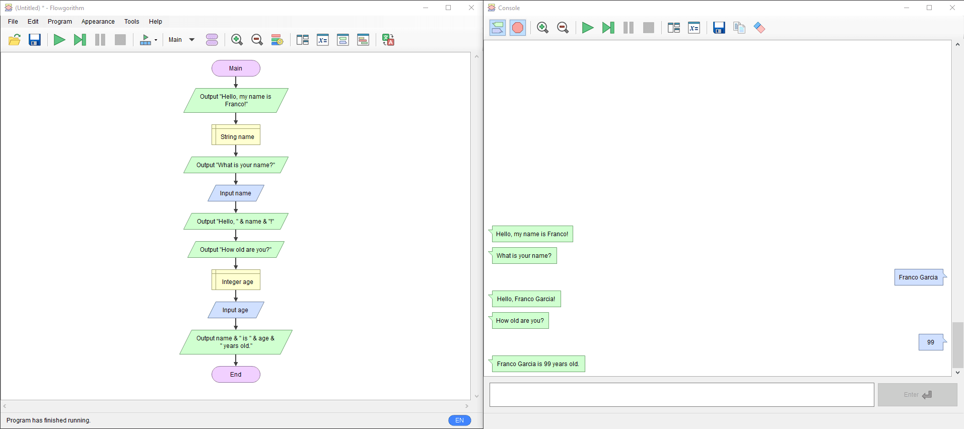 Example of visual programming in Flowgorithm com duas variáveis: um do tipo cadeia de string, outra do tipo inteiro.