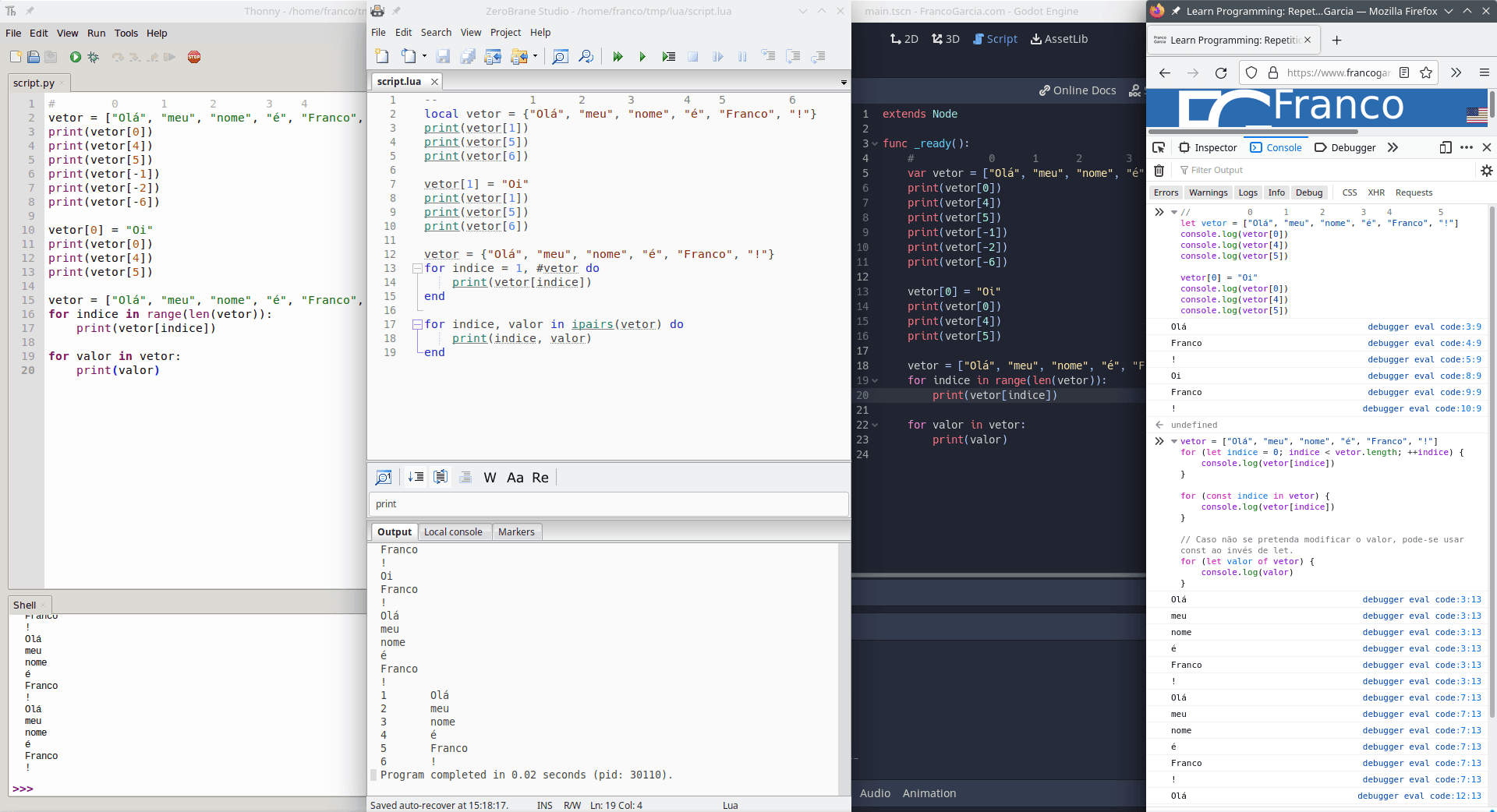 Exemplos de uso de vetores em quatro linguagens de programação: Python, Lua, GDScript e JavaScript.