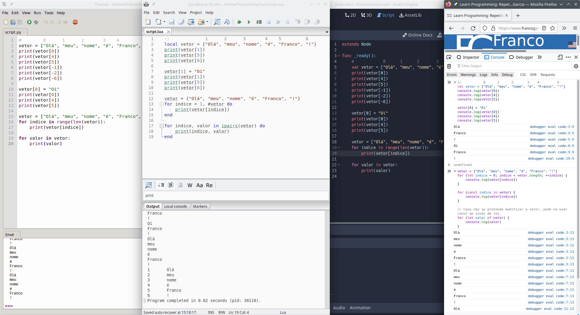 Example of using arrays in four programming languages: Python, Lua, GDScript and JavaScript.