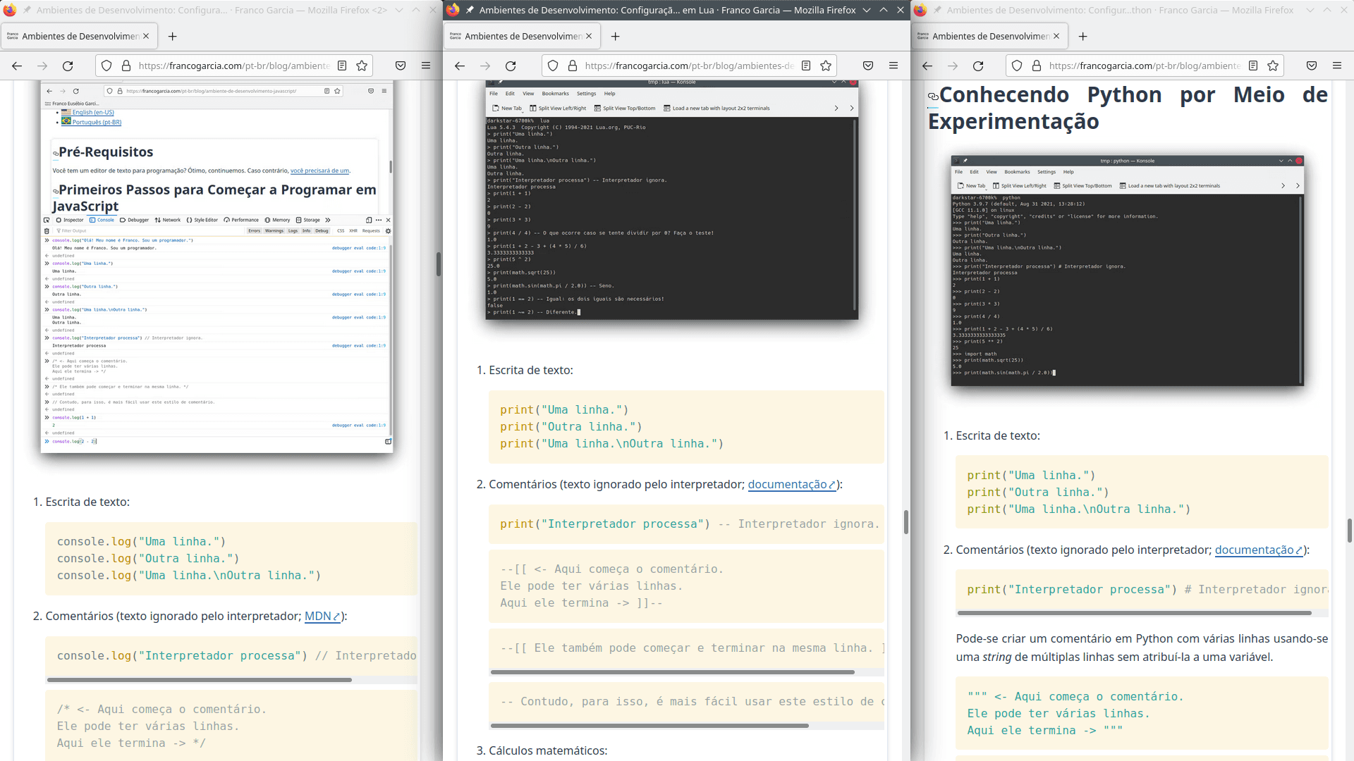 Example of source code for the JavaScript, Lua and Python programming languages, that were presented in the pages describing development environments set-up.