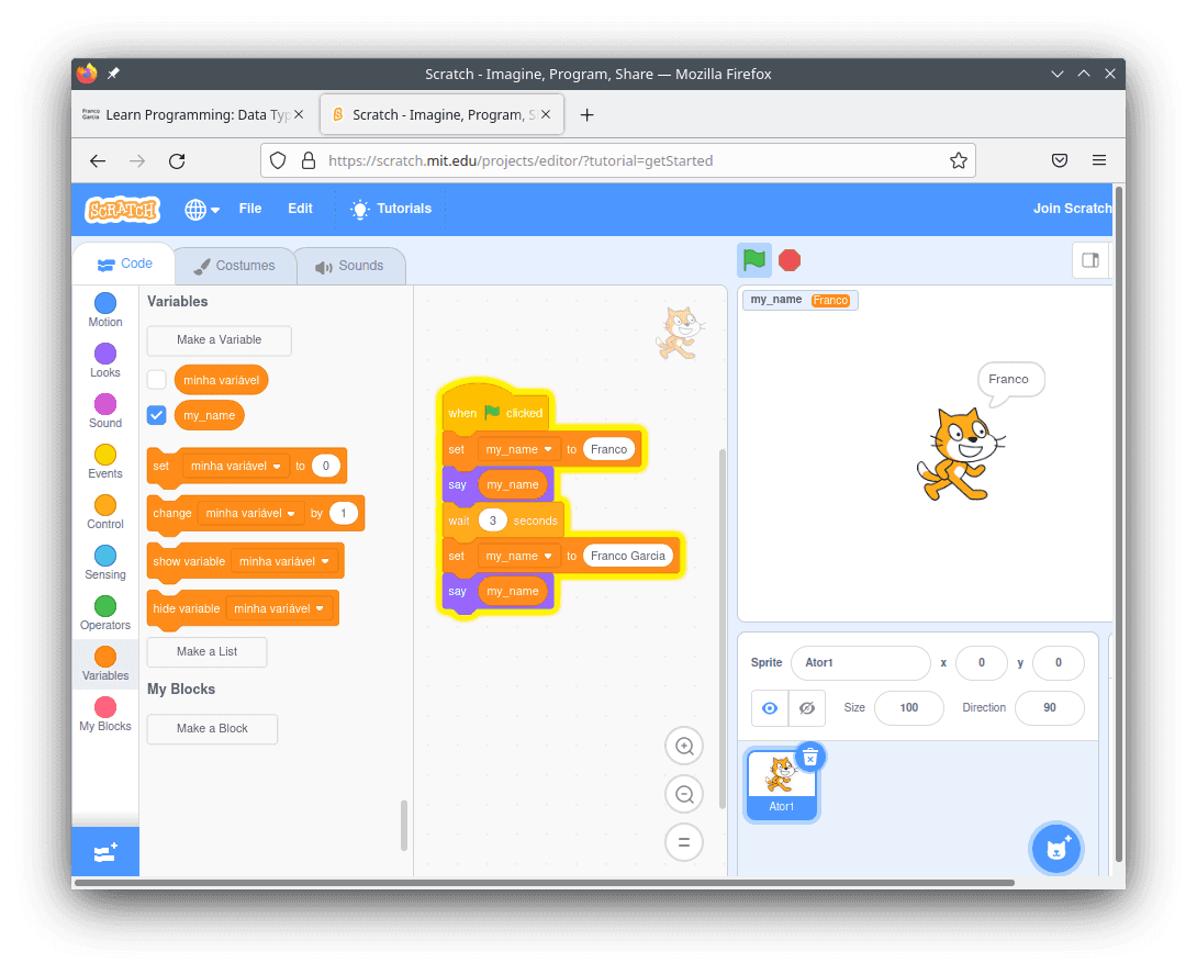 Exemplo de uso de variável em Scratch com a interface em Inglês.