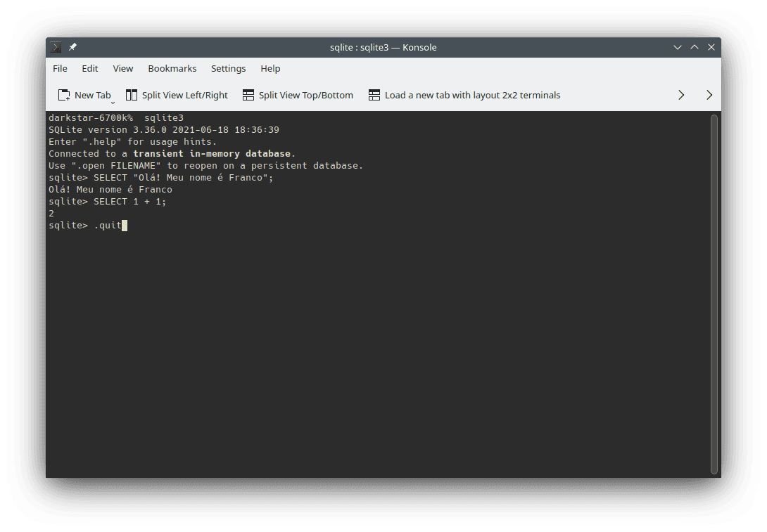 Exemplo de início e uso do SGBD SQLite na linha de comando. Usa-se `sqlite3` para iniciar o SGBD; dentro dele, escreve-se o código desejado. A imagem apresenta exemplos de execução do código desta seção.