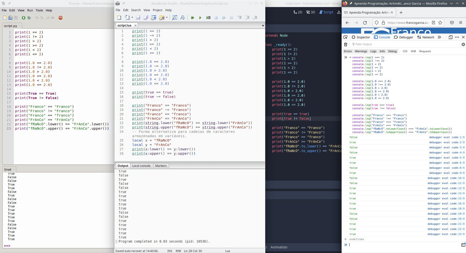 Exemplos de uso de operações relacionais nas linguagens de programação Python, Lua, GDScript e JavaScript.