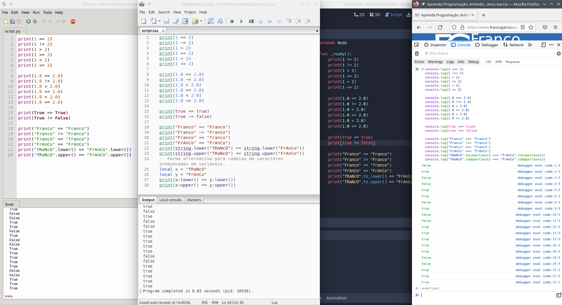 Examples of the usage of relational operations in the Python, Lua, GDScript and JavaScript programming languages.