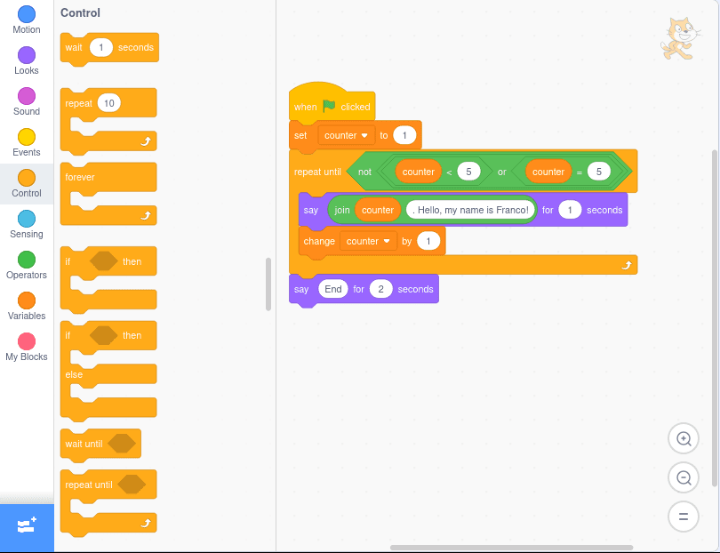 Example of using `repeat until` in Scratch with a condition equivalent to `while`, defined as a negation using `not`.