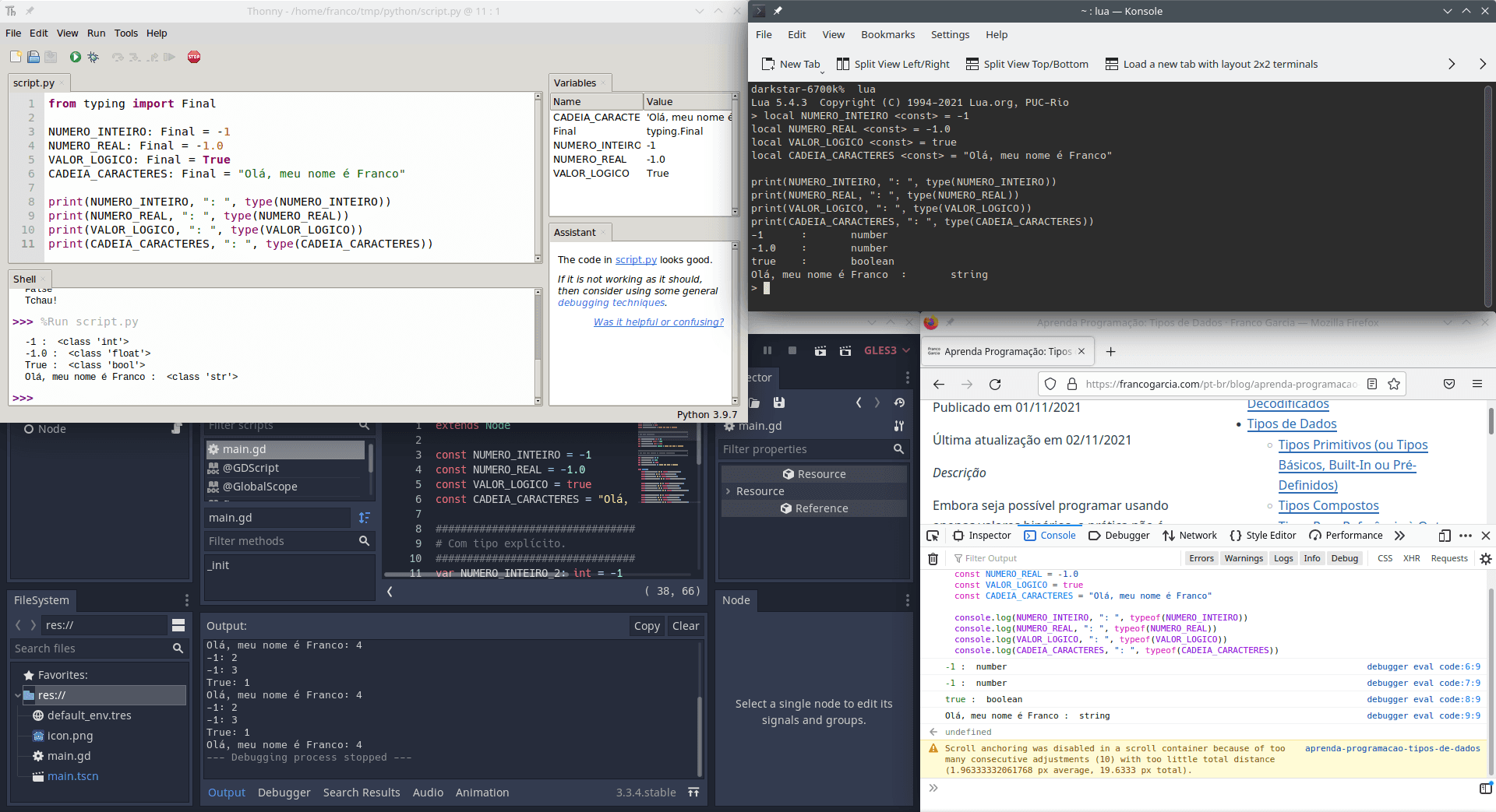 Exemplo de uso de constantes nas linguagens de programação Python, Lua, GDScript e JavaScript utilizando os trechos de código anteriores.