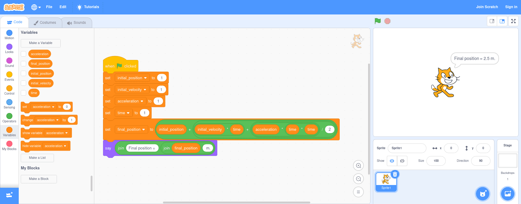 Implementation of the position as function of time in Scratch.