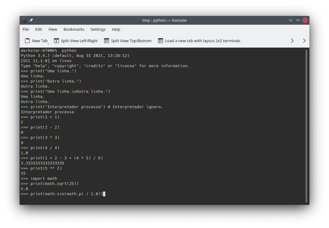 Exemplos de uso e saídas dos trechos de código apresentados nesta seção utilizando o interpretador `python` na linha de comando.