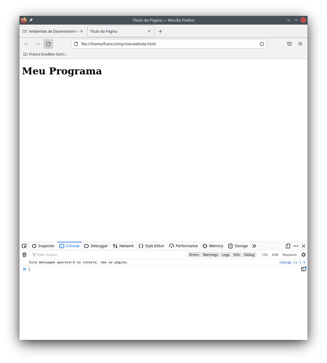 The Portuguese version of page as presented by Firefox. The text from `console.log()` appears on the terminal, not on the page, as suggested by the name of the method.