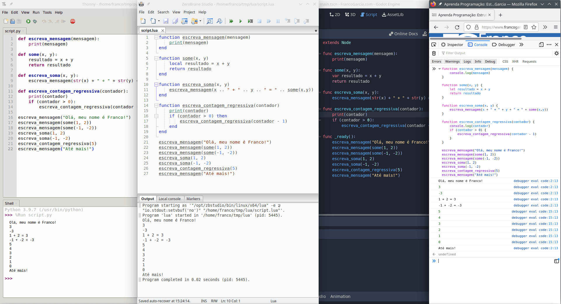 Exemplos de uso de subrotinas em Python, Lua, GDScript e JavaScript.