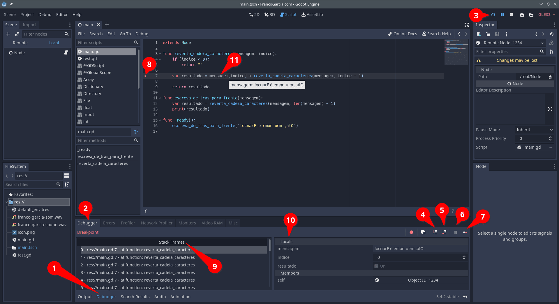 Depurador de Godot Engine para GDScript. A imagem possui alguns números com funcionalidades providas na interface. Os números são descritos em texto após esta imagem.