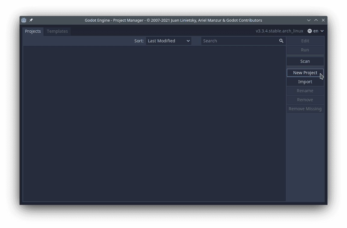 Option to create a project in the Godot Engine editor.