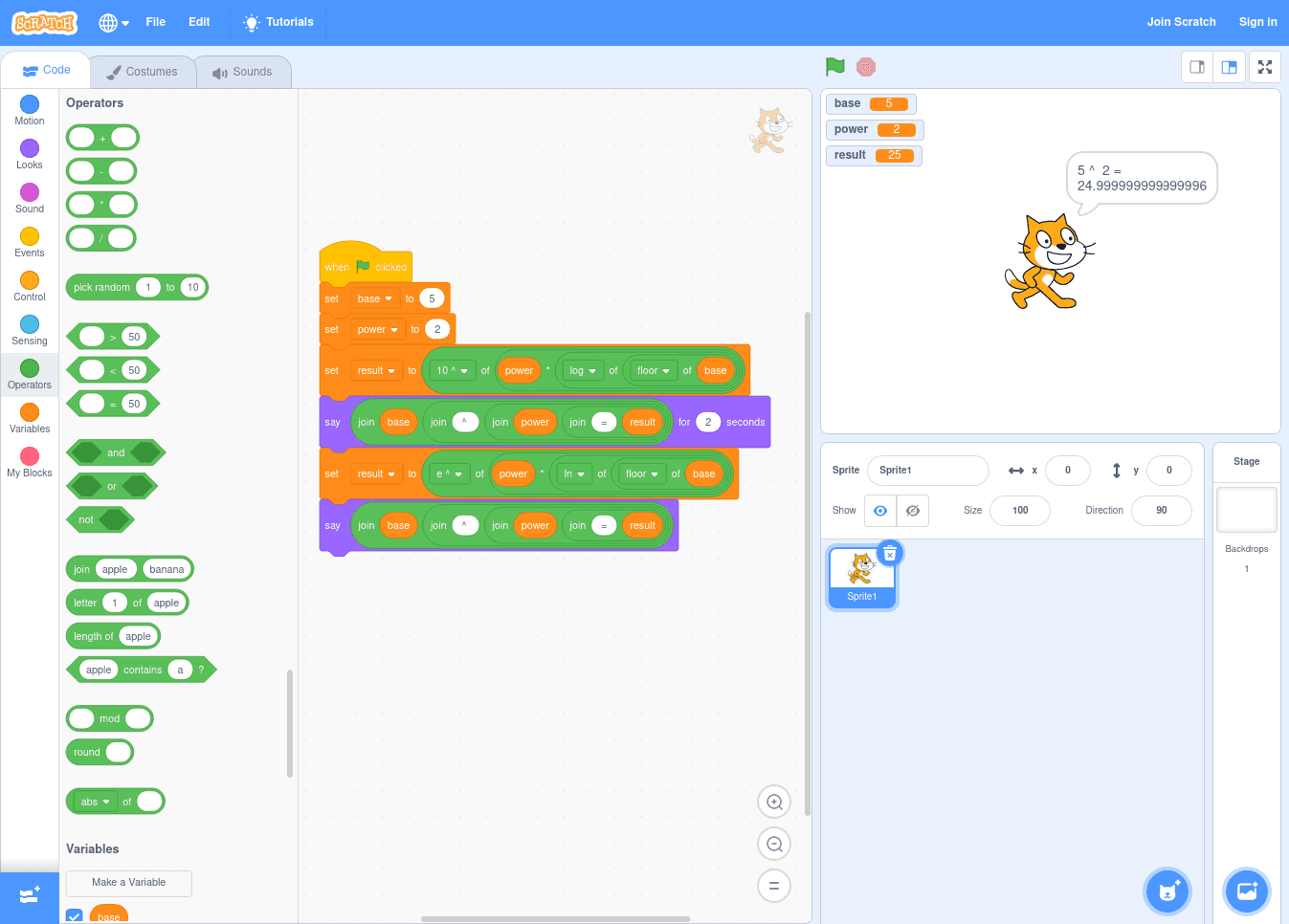 Example of power in Scratch using exponential and logarithms.