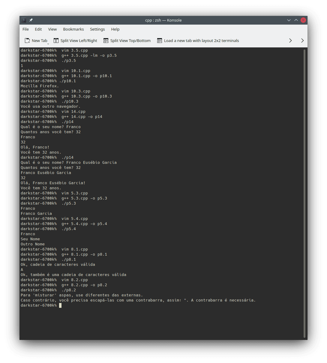 Examples of uses and outputs from code snippets presented in this section using the `g++` compiler to generate programs using the command line. The output consists of the results obtained from running the programs in the `zsh` interpreter using `Konsole` on Linux.