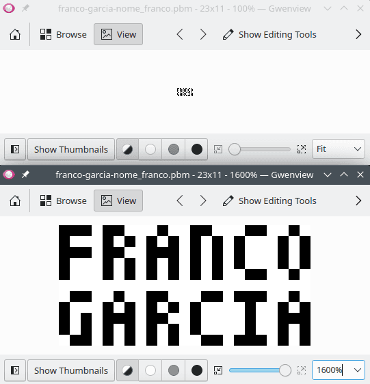 Imagem PBM resultante exibida no Gwenview, com o texto 'Franco Garcia' escrito em preto sobre fundo branco. A imagem do topo é o resultado da execução do programa, com dimensões 23x11 pixels. A imagem de baixo é uma ampliação de 1600%.