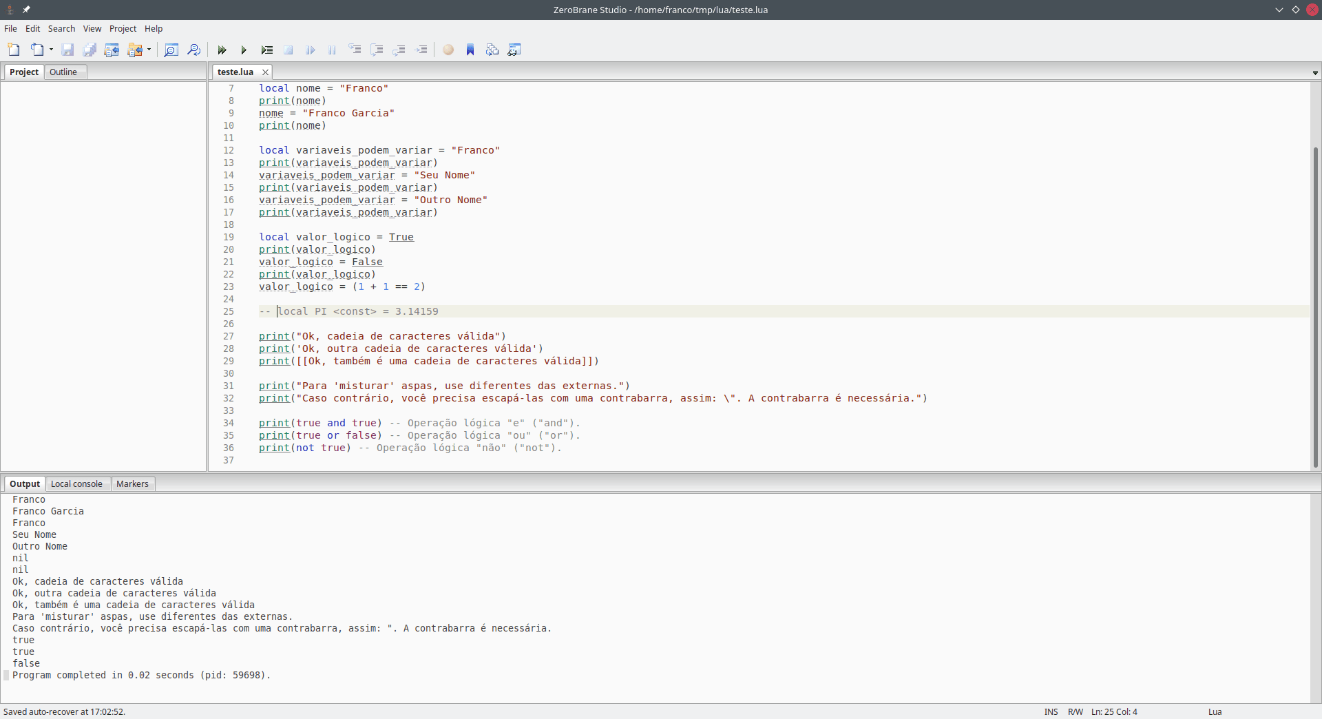 Imagem do IDE ZeroBrane Studio para programação em linguagem Lua, com exemplos de código-fonte apresentados nesta página no editor e resultados de execução no interpretador.