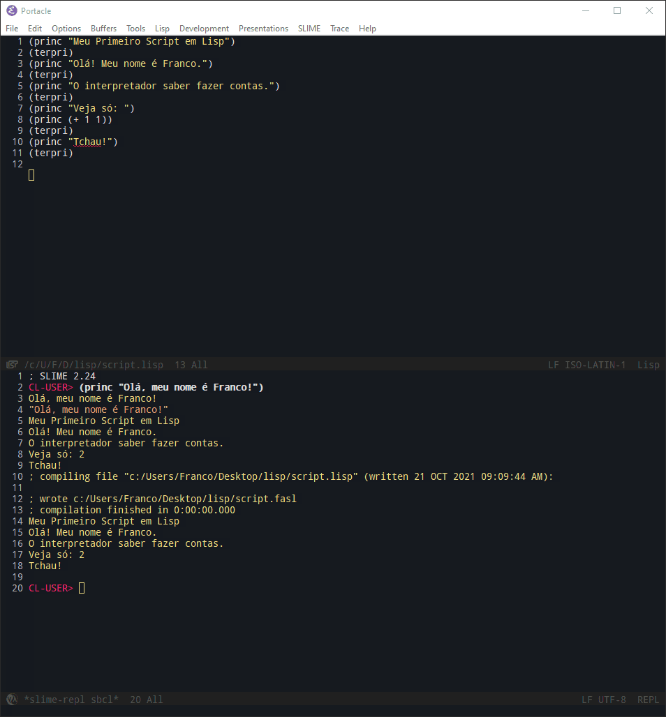 Example of using `Portacle` to program in LISP.