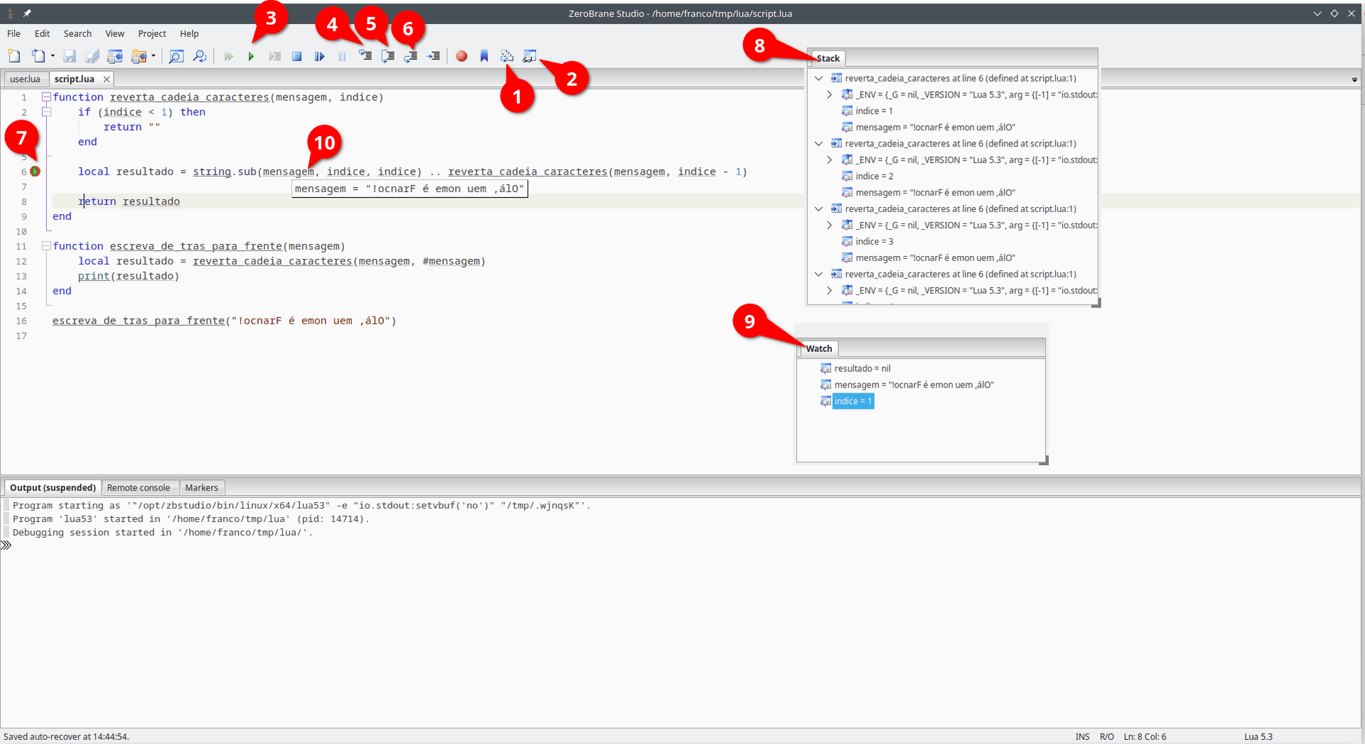 ZeroBrane Studio's Debugger for Lua. The image has some numbers highlighting features displayed in the interface. The numbers are described in text after this image.