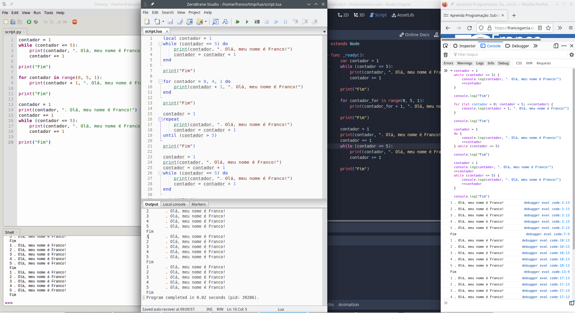 Exemplos de estruturas de repetição nas linguagens de programação Lua, Python, JavaScript e GDScript.