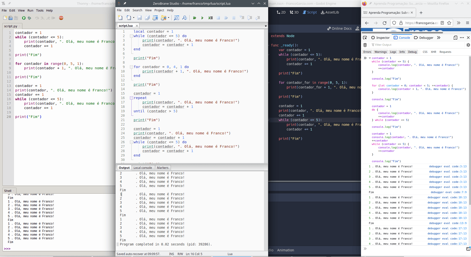 Examples of repetition structures in the Lua, Python, JavaScript and GDScript programming languages.