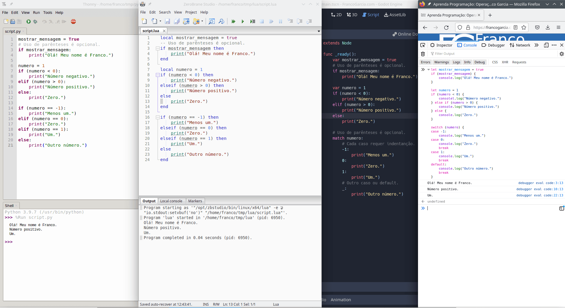 Examples of conditional structures in Python, Lua, GDScript and JavaScript.