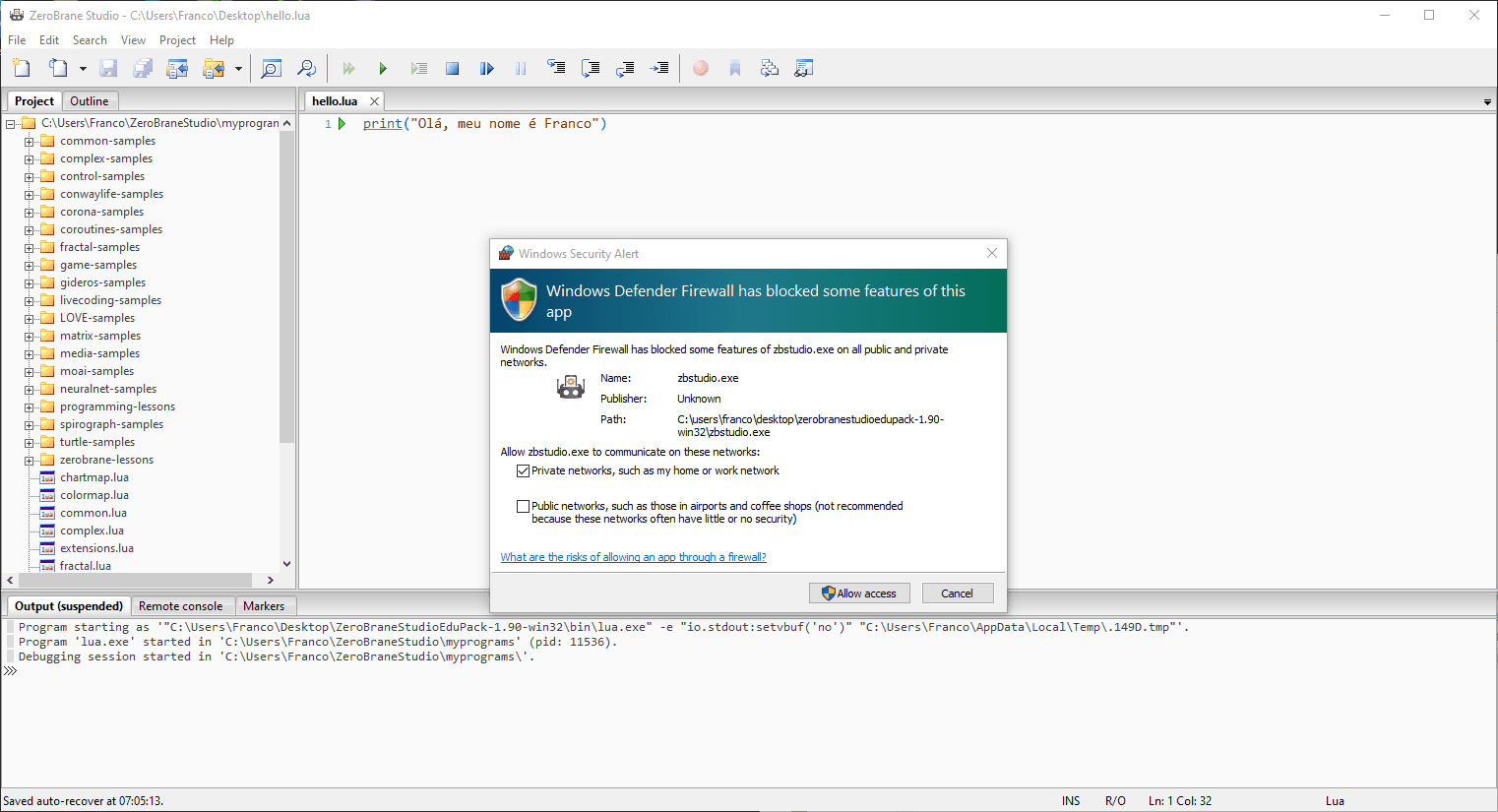 Windows warning about `ZeroBrane Studio` attemping to use the network in the first attempt to start its debugger.
