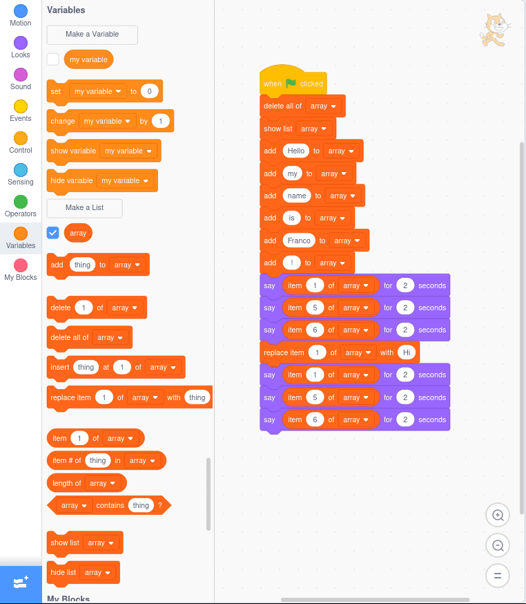 Example of use of arrays in Scratch.