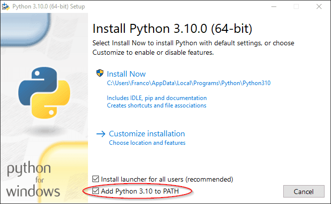 Ao instalar Python usando o arquivo de instalação, recomenda-se marcar a opção para adicionar o interpretador para o `PATH` (Add Python to PATH).