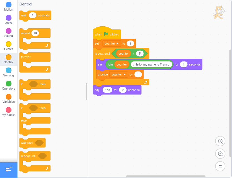 Example of using `repeat until` in Scratch with a conditional equivalent to `while`, using the reverse operation.