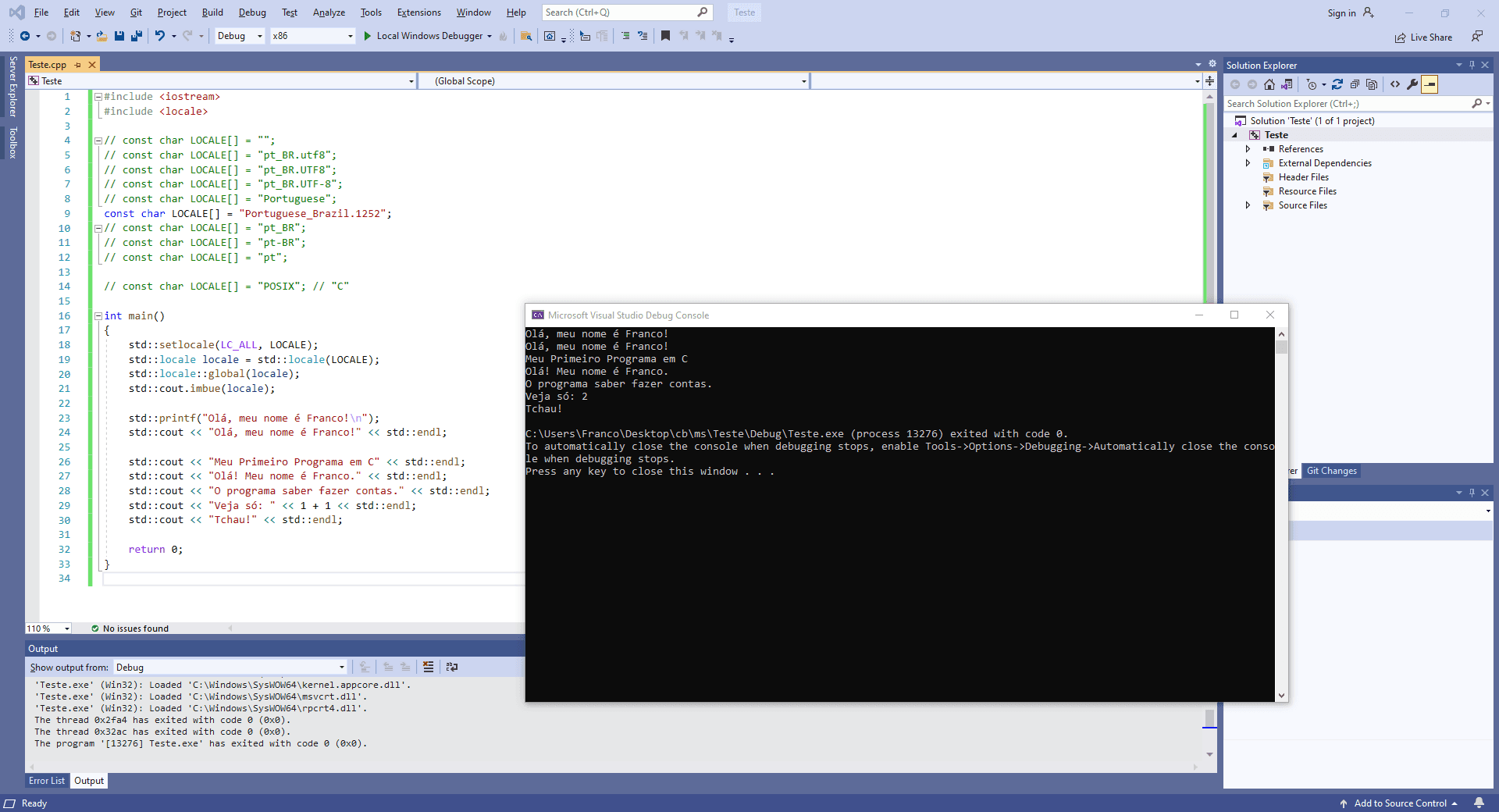 Example of using accents on Visual Studio (`MSVC` compiler) with locale configured to Brazilian Portuguese.