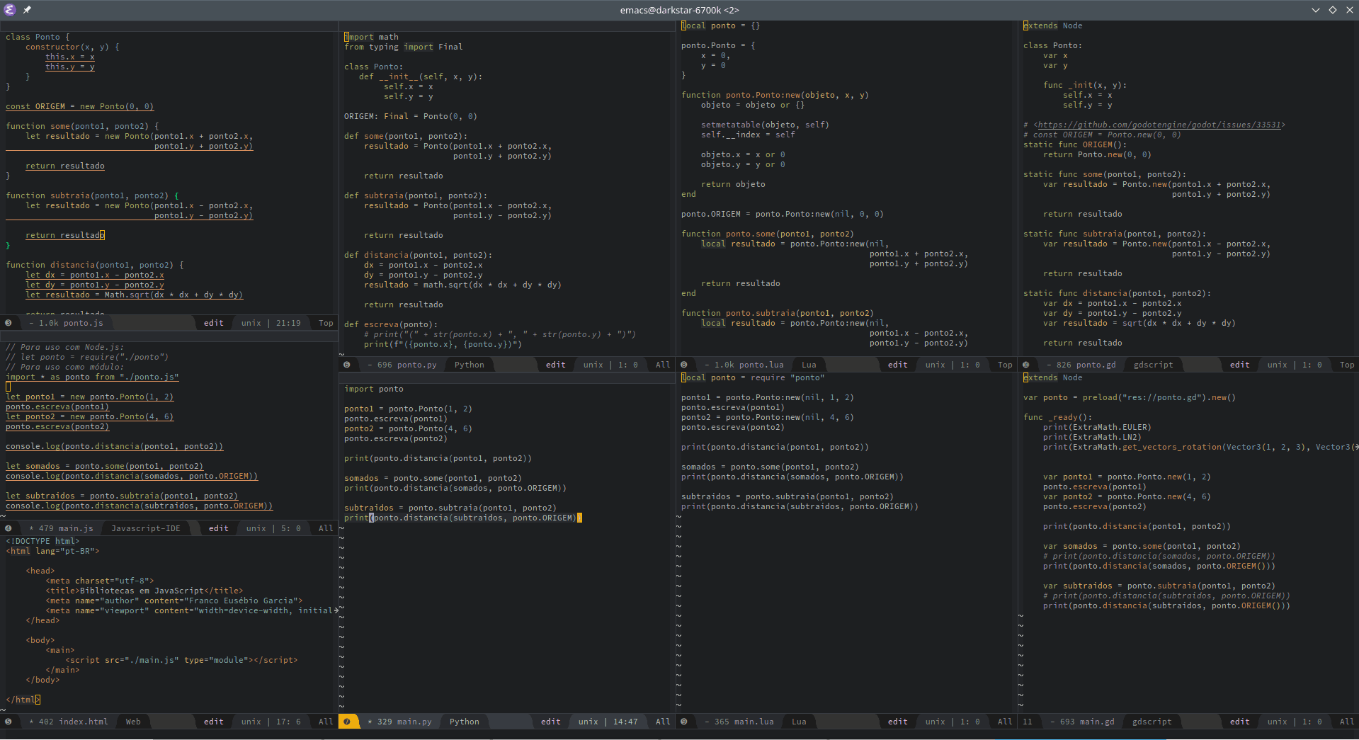 Example of using libraries in four programming languages: Python, Lua, GDScript and JavaScript.