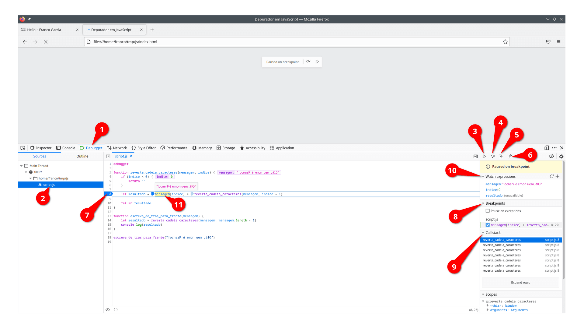 Firefox's debugger for JavaScript. The image has some numbers highlighting features displayed in the interface. The numbers are described in text after this image.