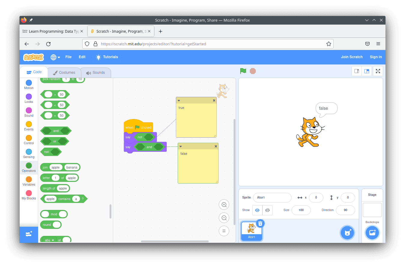 Exemplo de uso de valor lógico e comentário em Scratch com a interface em Inglês.