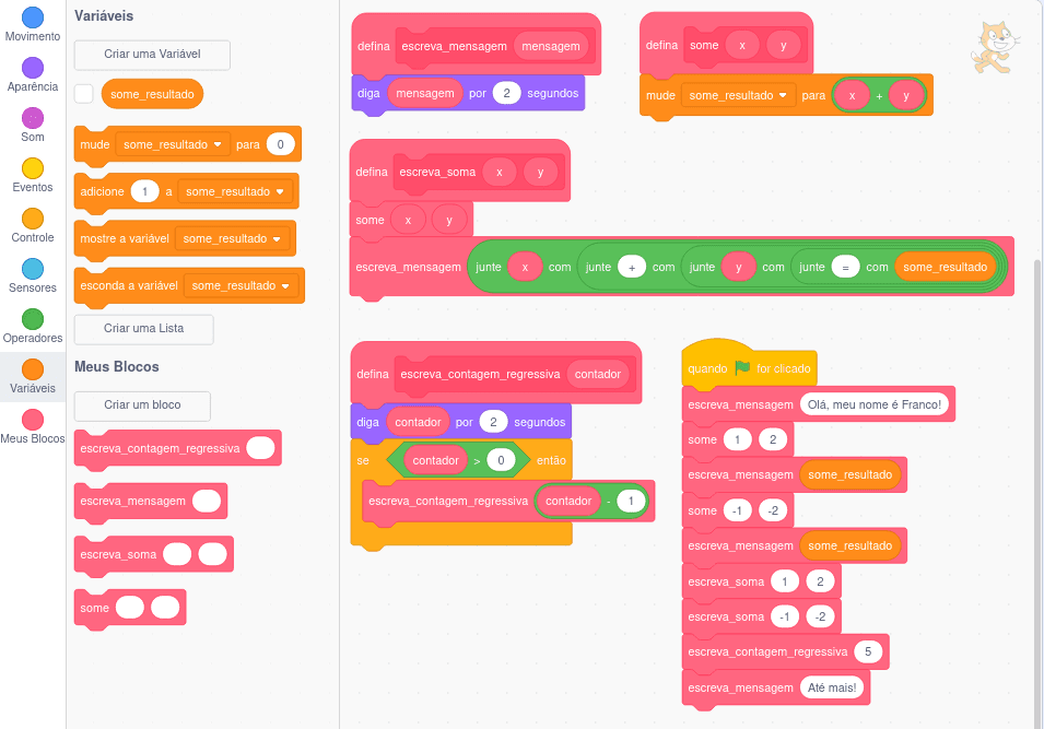 Exemplo uso de subrotinas em Scratch em página em Português.