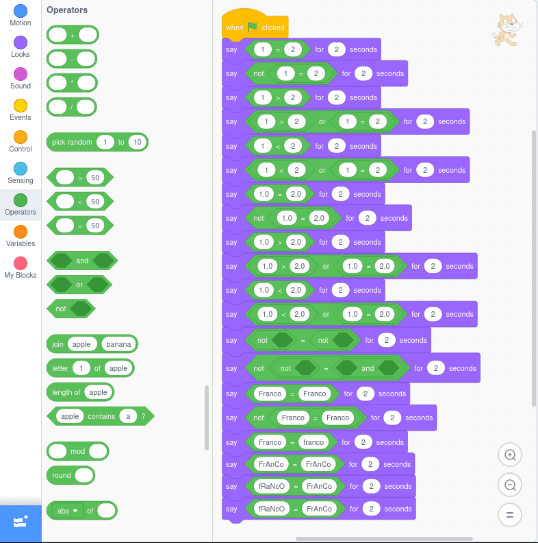 Example of relational operations in Scratch: equality, difference, less than, less than or equal, greater than, greater than or qual.