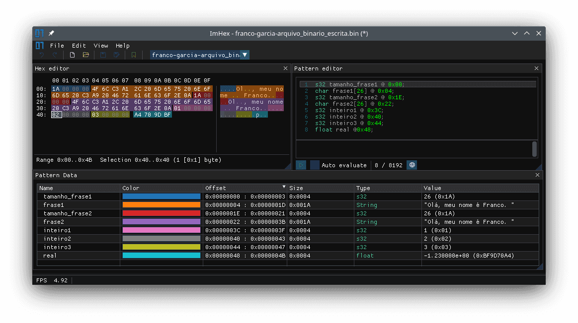 Inspeção do arquivo binário `franco-garcia-arquivo_binario_escrita.bin` gerado em Python usando o editor hexadecimal ImHex.