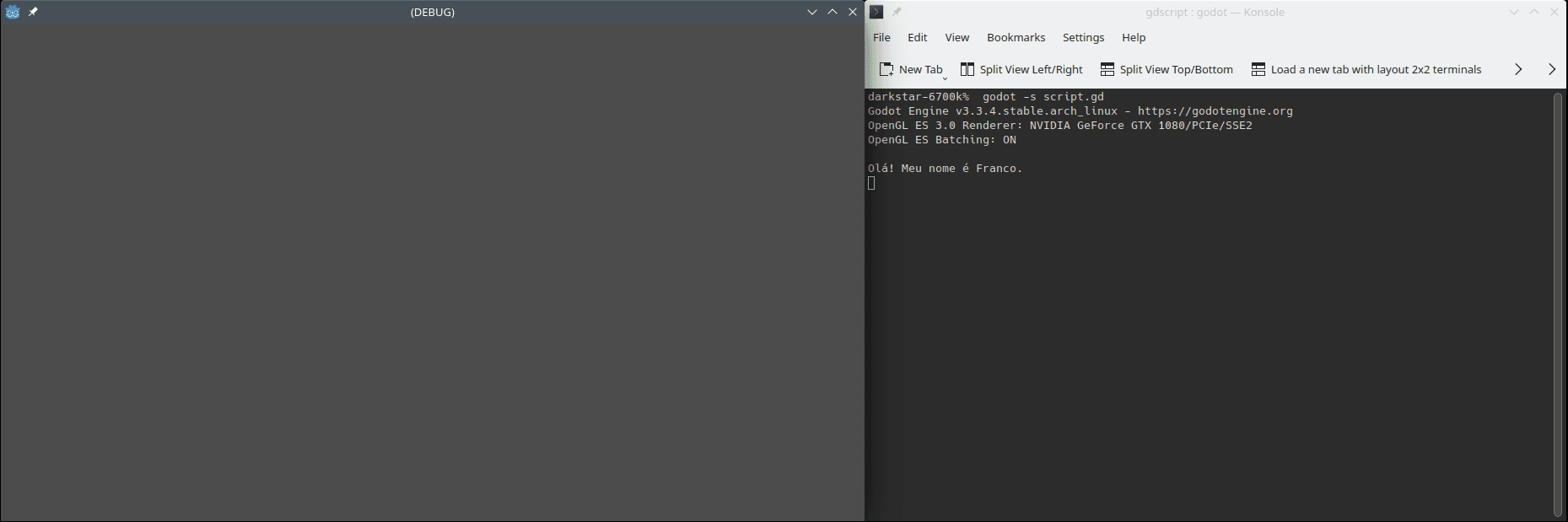 Exemplo de início e uso do interpretador GDScript na linha de comando. Usa-se `godot` para iniciar o interpretador; dentro dele, escreve-se o código desejado. A imagem apresenta exemplos de execução do código desta seção.