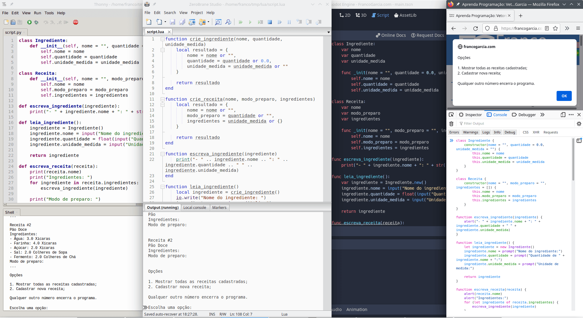 Exemplos de uso de registros em quatro linguagens de programação: Python, Lua, GDScript e JavaScript.