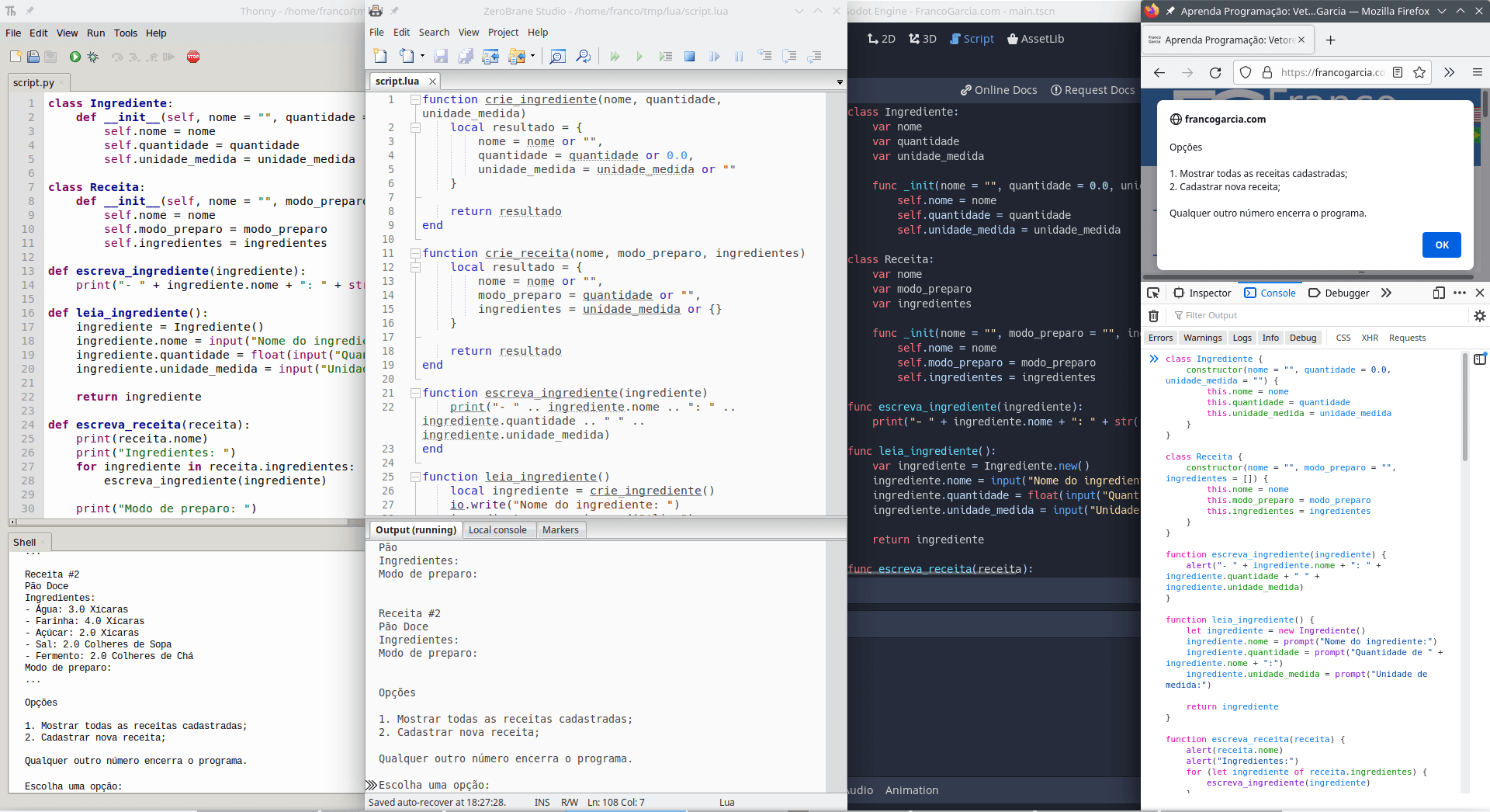 Example of using records in four programming languages: Python, Lua, GDScript and JavaScript.